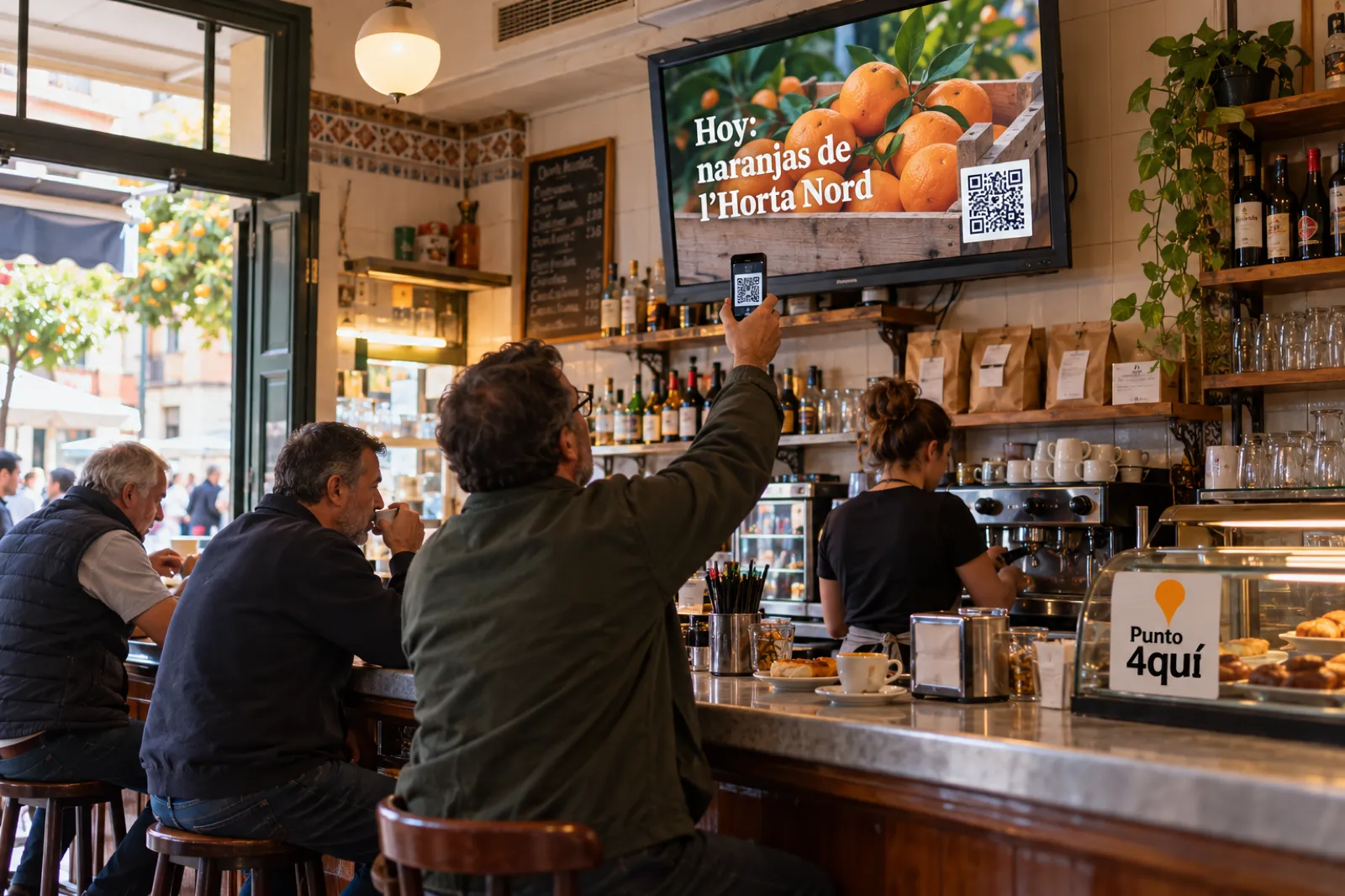 Bar de barrio que es Punto 4quí: la tele del local muestra productos con código QR