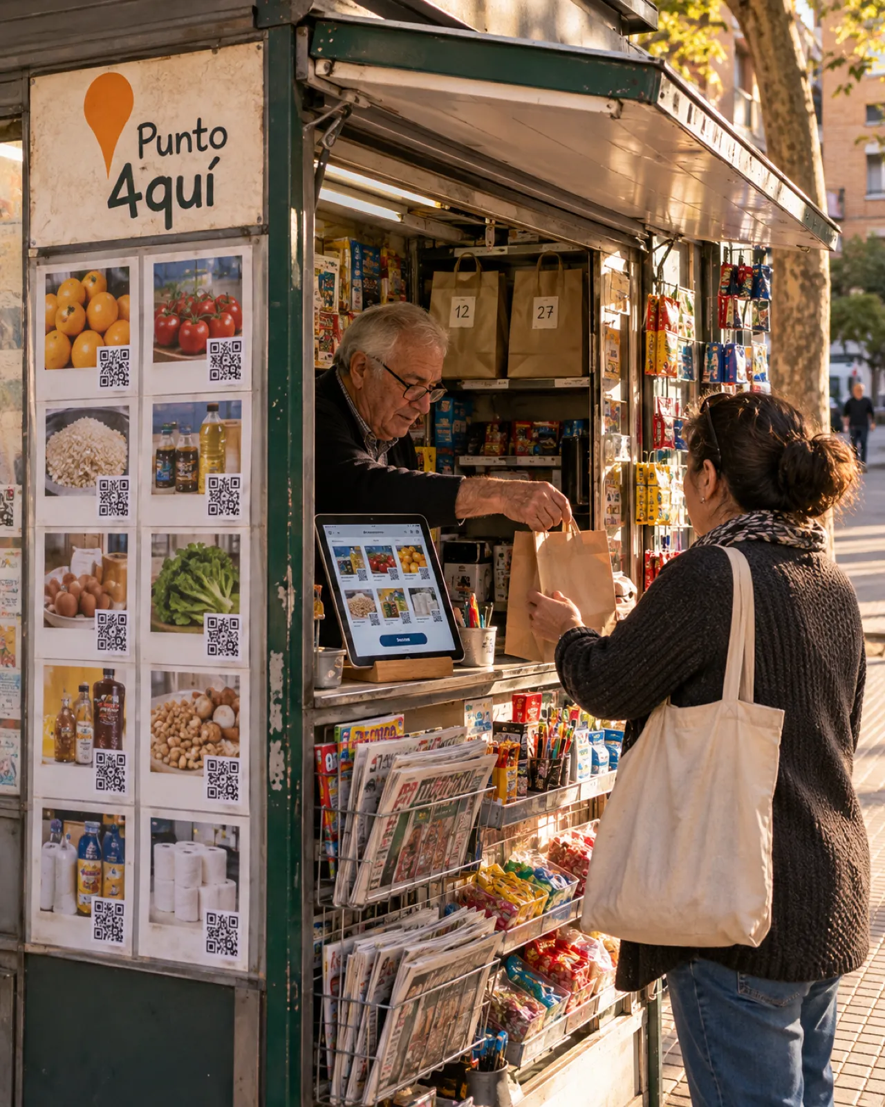 Kiosko de barrio convertido en Punto 4quí, con lineal fotográfico y tableta