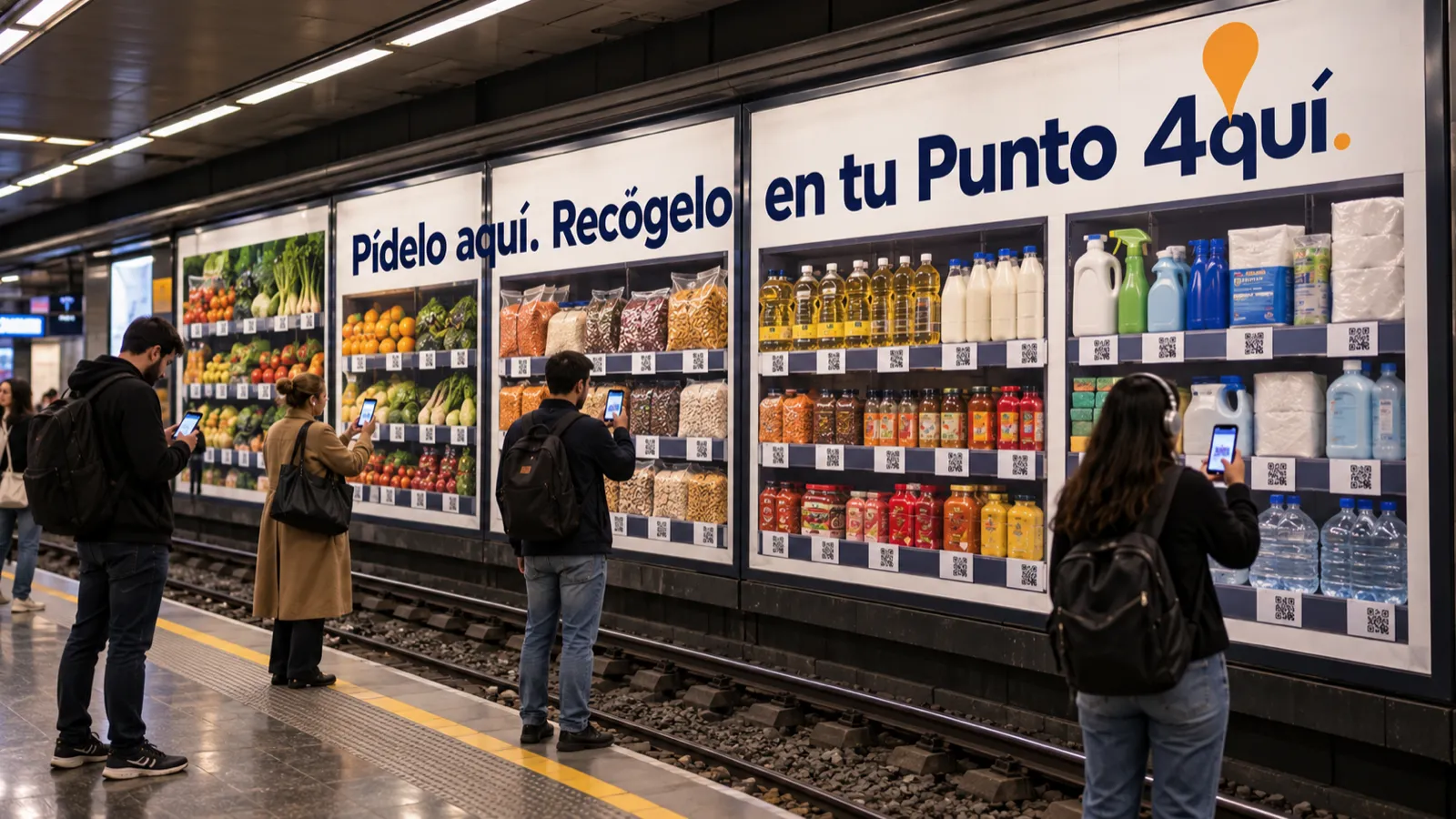 Viajeros escanean productos del lineal fotográfico del metro