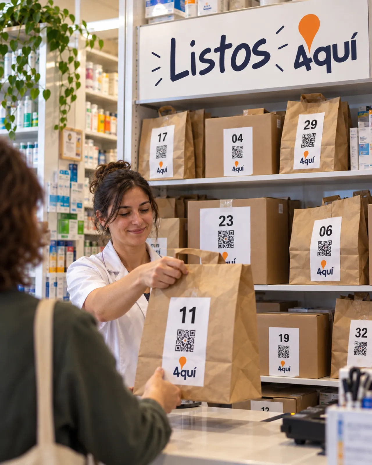 Estantería de pedidos listos para recoger en un Punto 4quí