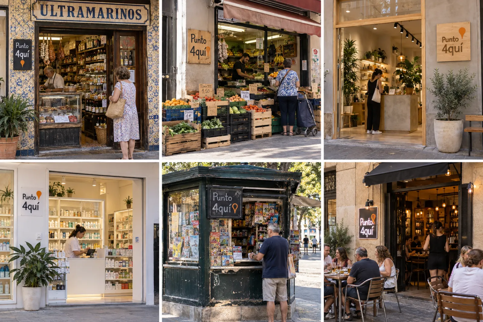 Seis comercios distintos, todos Punto 4quí, cada uno con su placa hecha a su manera