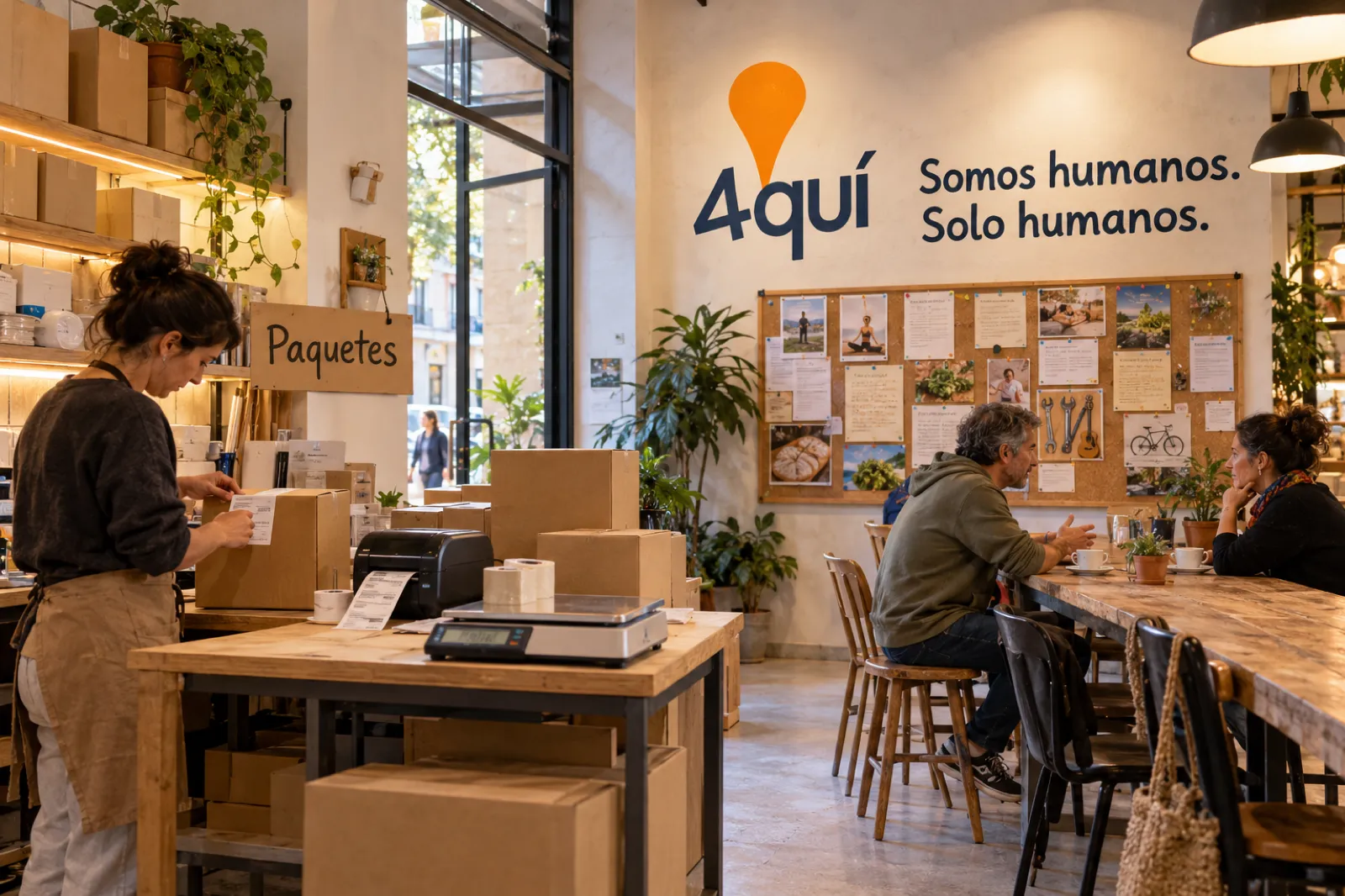 Rincón de paquetes y mesa de encuentro en un Punto 4quí: somos humanos, solo humanos