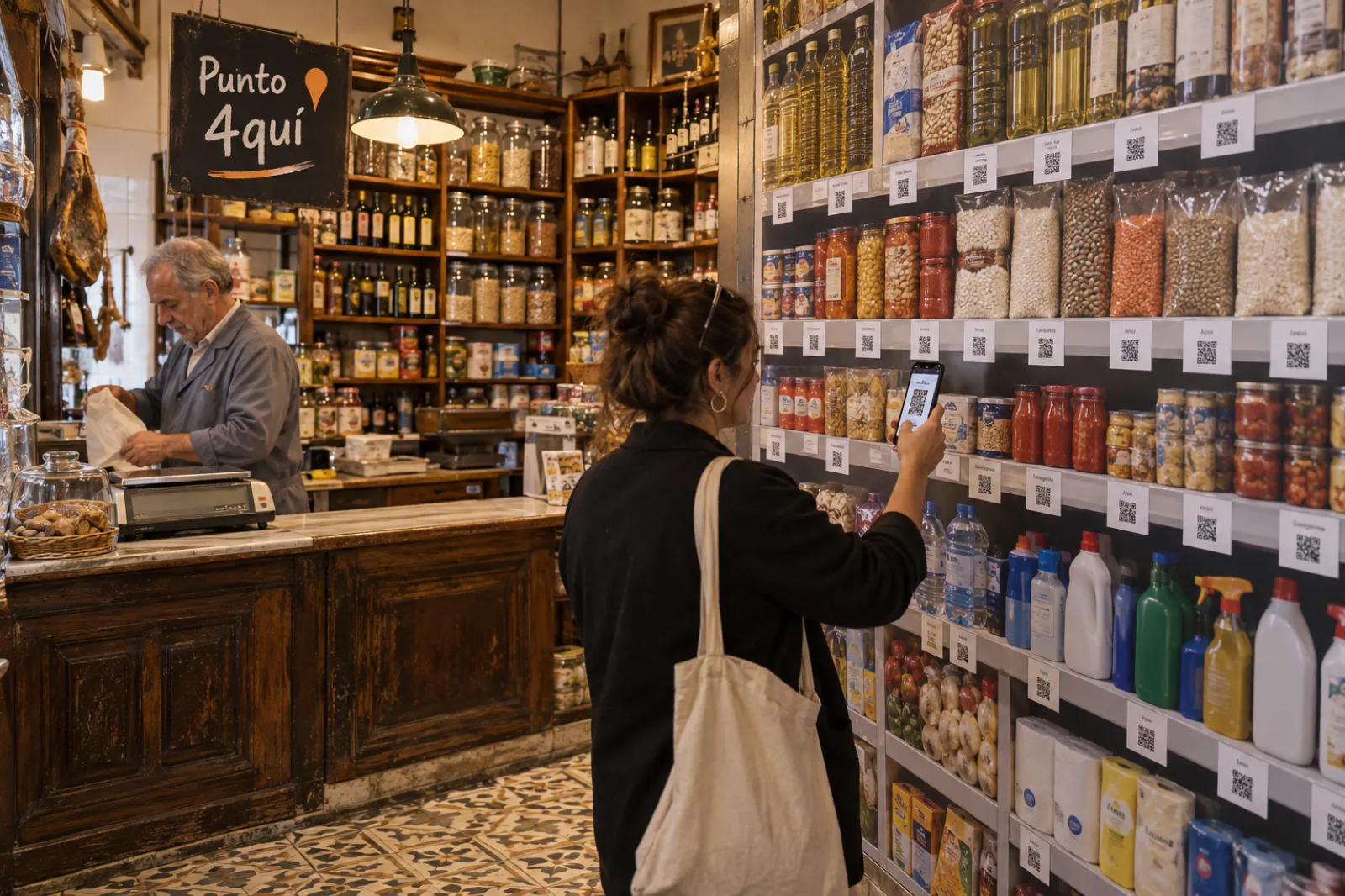 Ultramarinos convertido en Punto 4quí: el cliente escanea el lineal fotográfico