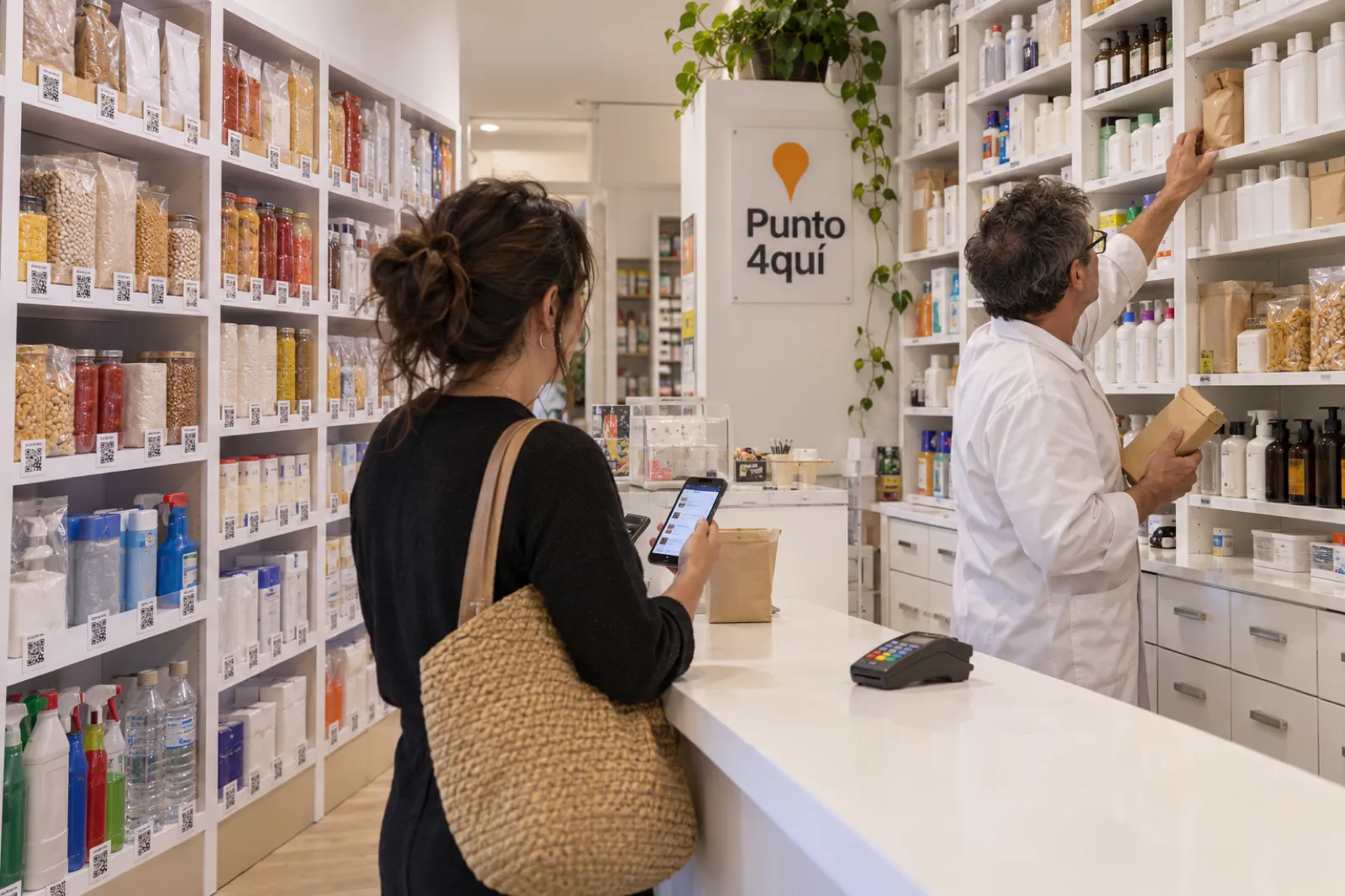 Punto 4quí tipo farmacia: el dependiente coge el producto de detrás del mostrador