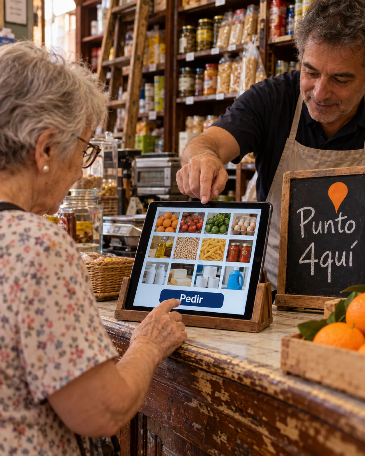 Una vecina pide en la tableta del mostrador de un Punto 4quí